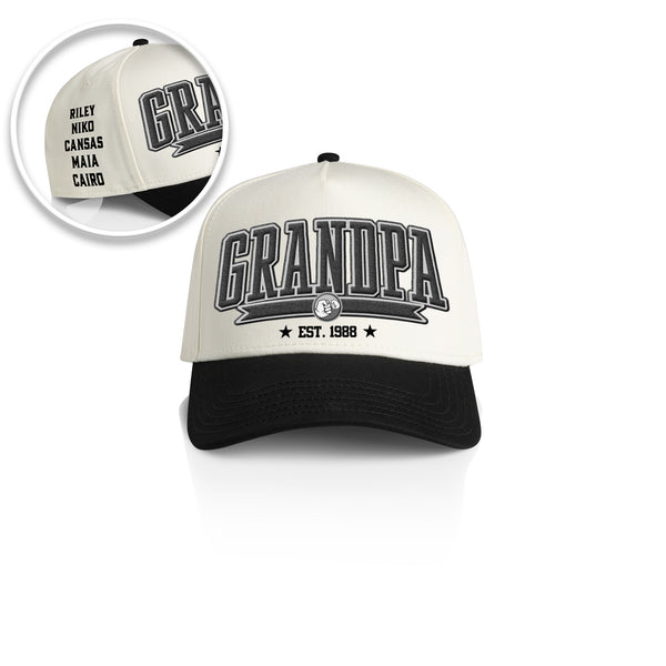 GRANDPA COLLEGE STYLE_2TONE Printed Frame Cap with Custom Date + names on side panel