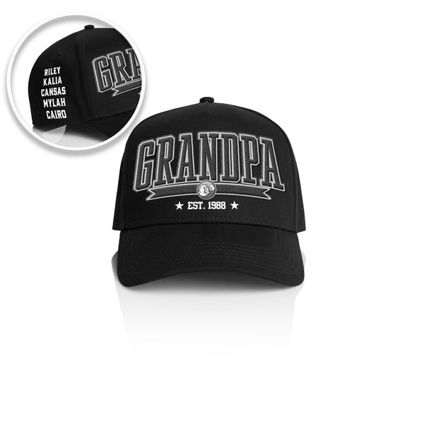 GRANDPA COLLEGE STYLE_ Printed Frame Cap with Custom Date + names on side panel