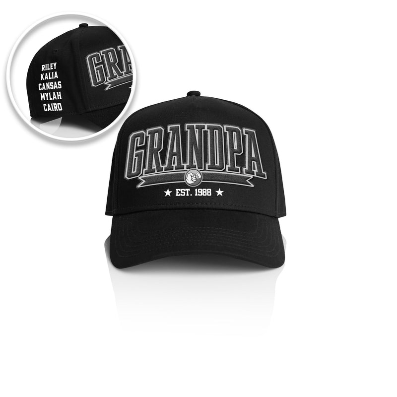 GRANDPA COLLEGE STYLE_ Printed Frame Cap with Custom Date + names on side panel