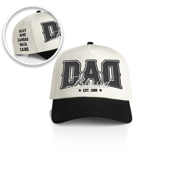 DAD BLESSED STYLE_2TONE Printed Frame Cap with Custom Date + names on side panel