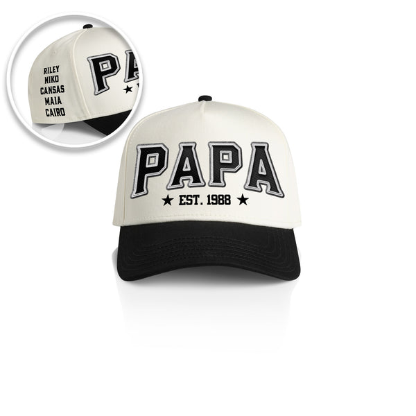 PAPA 3D APLIQUE STYLE_2TONE Printed Frame Cap with Custom Date + names on side panel