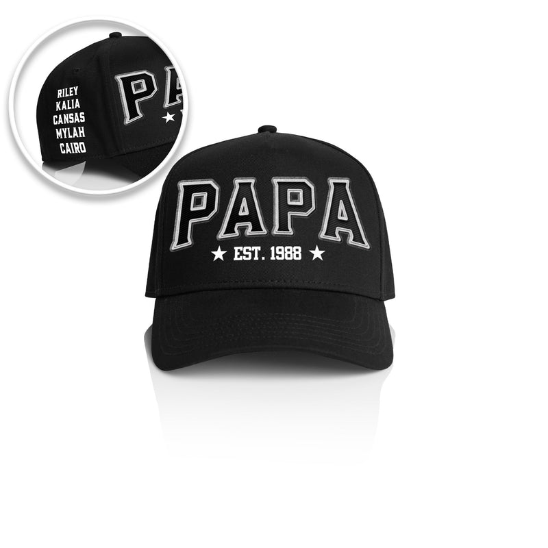 PAPA TEAM ARCH STYLE_ Printed Frame Cap with Custom Date + names on side panel