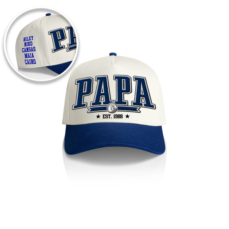 PAPA COLLEGE STYLE_2TONE Printed Frame Cap with Custom Date + names on side panel