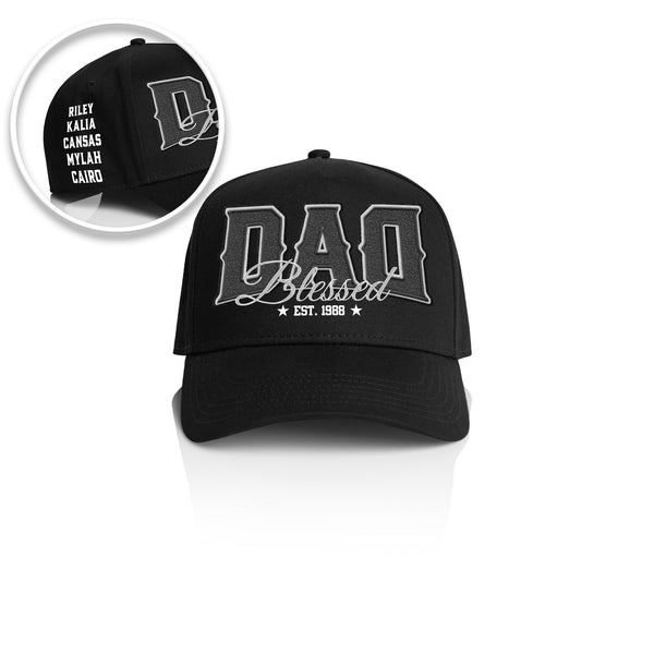 DAD BLESSED STYLE_ Printed Frame Cap with Custom Date + names on side panel