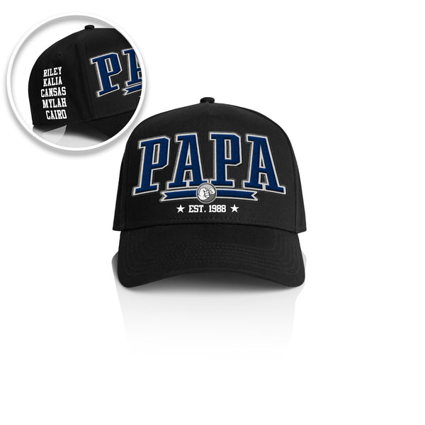 PAPA COLLEGE STYLE_ Printed Frame Cap with Custom Date + names on side panel