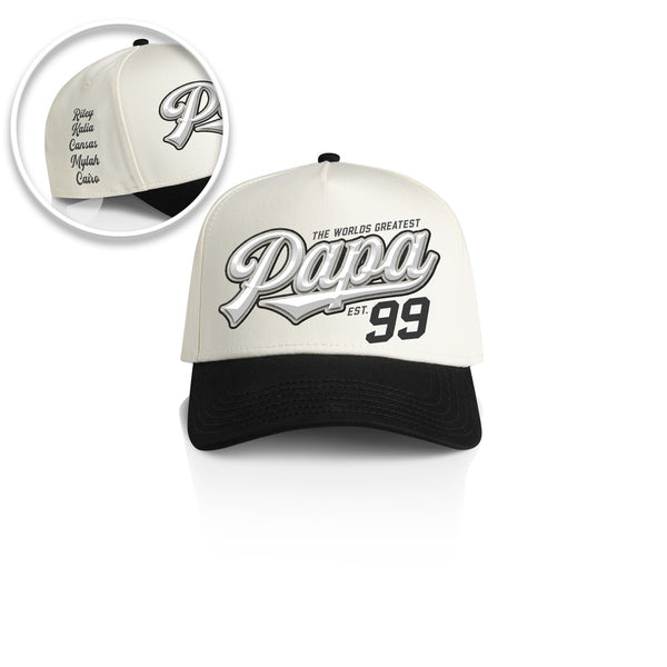 PAPA 3D TEAM SCRIPT STYLE_2TONE Printed Frame Cap with Custom Date + names on side panel