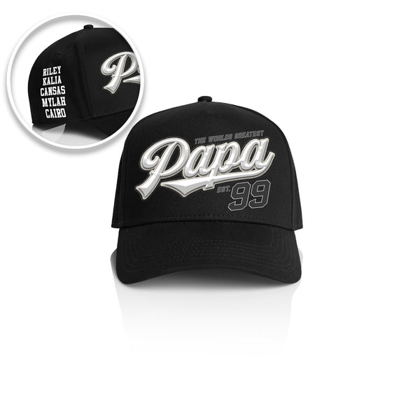 PAPA 3D TEAM SCRIPT STYLE_ Printed Frame Cap with Custom Date + names on side panel
