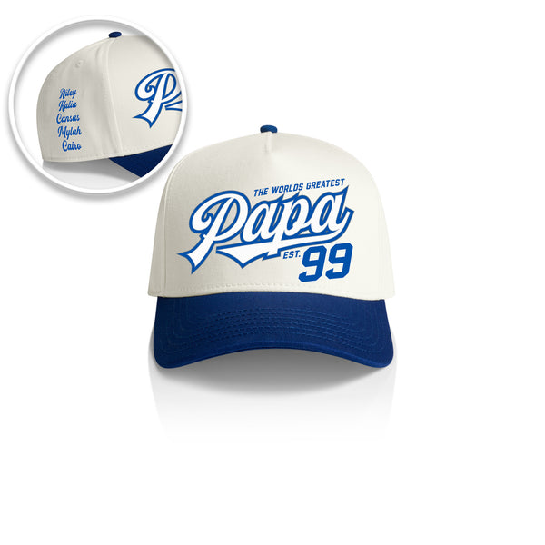 PAPA SWOOSH STYLE_2TONE Printed Frame Cap with Custom Date + names on side panel