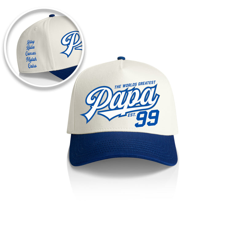 PAPA SWOOSH STYLE_2TONE Printed Frame Cap with Custom Date + names on side panel