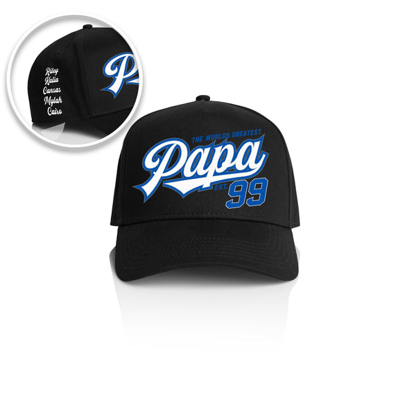 PAPA SWOOSH STYLE_ Printed Frame Cap with Custom Date + names on side panel