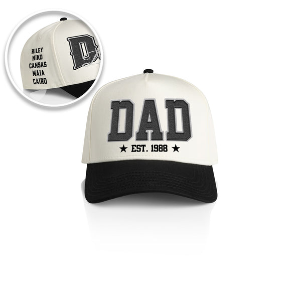 DAD COLLEGE STYLE_2TONE Printed Frame Cap with Custom Date + names on side panel