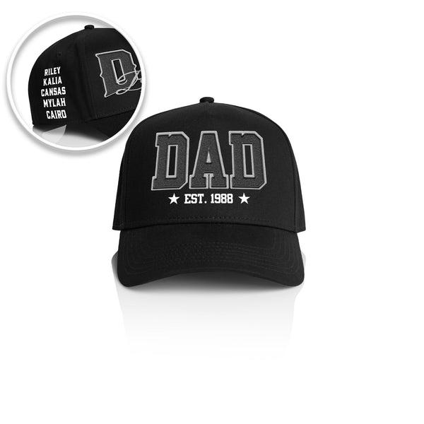 DAD COLLEGE STYLE_ Printed Frame Cap with Custom Date + names on side panel