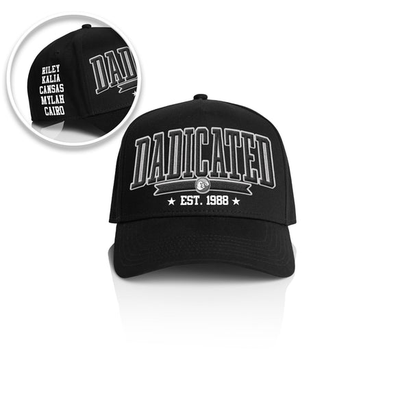 DADICATED COLLEGE STYLE_ Printed Frame Cap with Custom Date + names on side panel