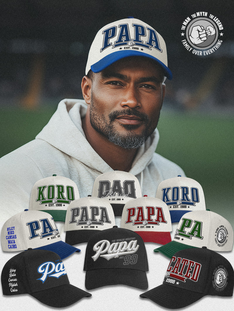 PAPA SWOOSH STYLE_ Printed Frame Cap with Custom Date + names on side panel