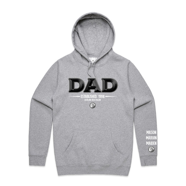 Custom Printed Hoodie for Dad - With Custom Date, City + names on sleeve - DAD 3D CHISEL STYLE