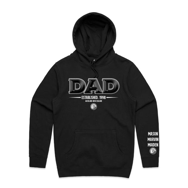 Custom Printed Hoodie for Dad - With Custom Date, City + names on sleeve - DAD 3D CHISEL STYLE