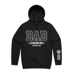 Custom Printed Hoodie for Dad - With Custom Date, City + names on sleeve - DAD ACADEMY STYLE