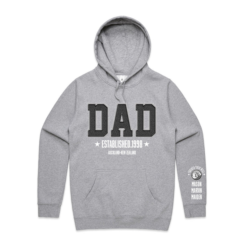 Custom Printed Hoodie for Dad - With Custom Date, City + names on sleeve - DAD ACADEMY STYLE