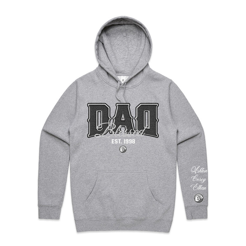 Custom Printed Hoodie for Dad - With Custom Date + names on sleeve - DAD BLESSED STYLE