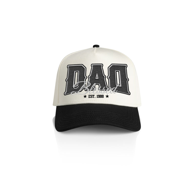 DAD BLESSED STYLE_2TONE Printed Frame Cap with Custom Date + names on side panel