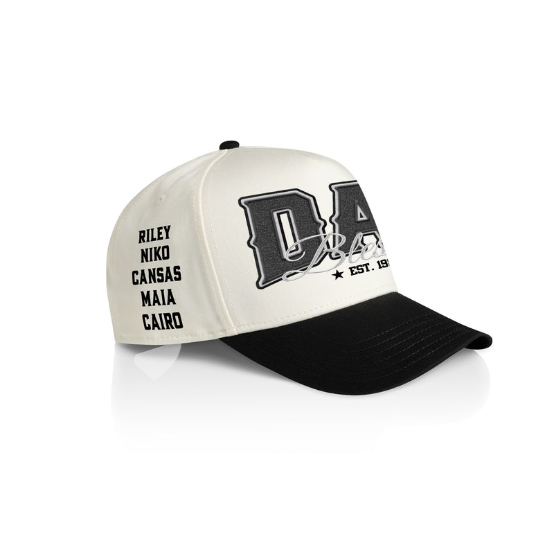 DAD BLESSED STYLE_2TONE Printed Frame Cap with Custom Date + names on side panel