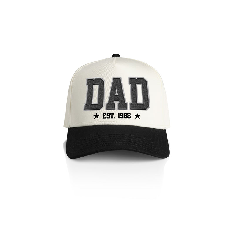 DAD COLLEGE STYLE_2TONE Printed Frame Cap with Custom Date + names on side panel