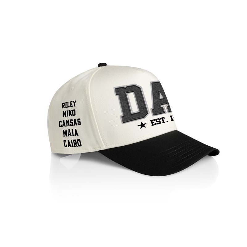 DAD COLLEGE STYLE_2TONE Printed Frame Cap with Custom Date + names on side panel