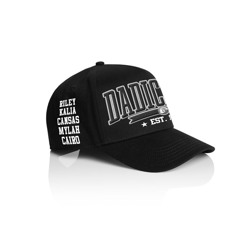 DADICATED COLLEGE STYLE_ Printed Frame Cap with Custom Date + names on side panel