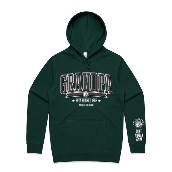 Custom Printed Hoodie for Grandpa - With Custom Date, City + names on sleeve - GRANDPA COLLEGE STYLE