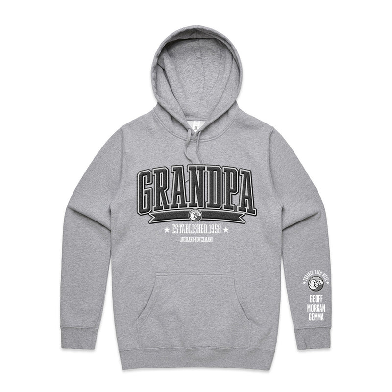 Custom Printed Hoodie for Grandpa - With Custom Date, City + names on sleeve - GRANDPA COLLEGE STYLE