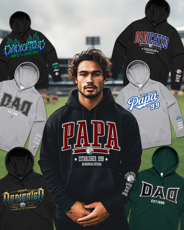 Custom Printed Hoodie for Dad - With Custom Date, City + names on sleeve - PAPA COLLEGE STYLE