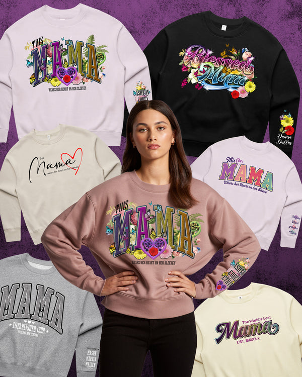 Custom Printed Sweatshirt for Mum - With Custom Date, City + names on sleeve - 13_Mama Style