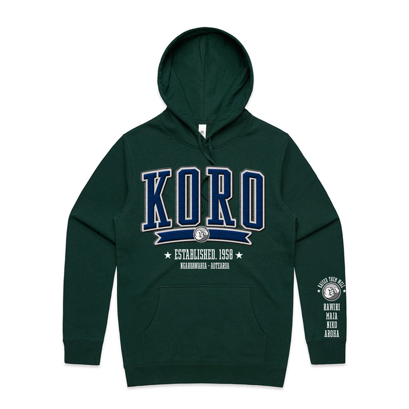 Custom Printed Hoodie for Koro - With Custom Date, City + names on sleeve - KORO COLLEGE ROYAL STYLE