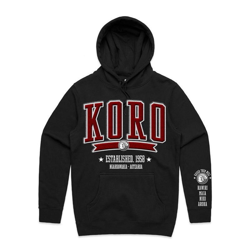 Custom Printed Hoodie for Koro - With Custom Date, City + names on sleeve - KORO COLLEGE RED STYLE