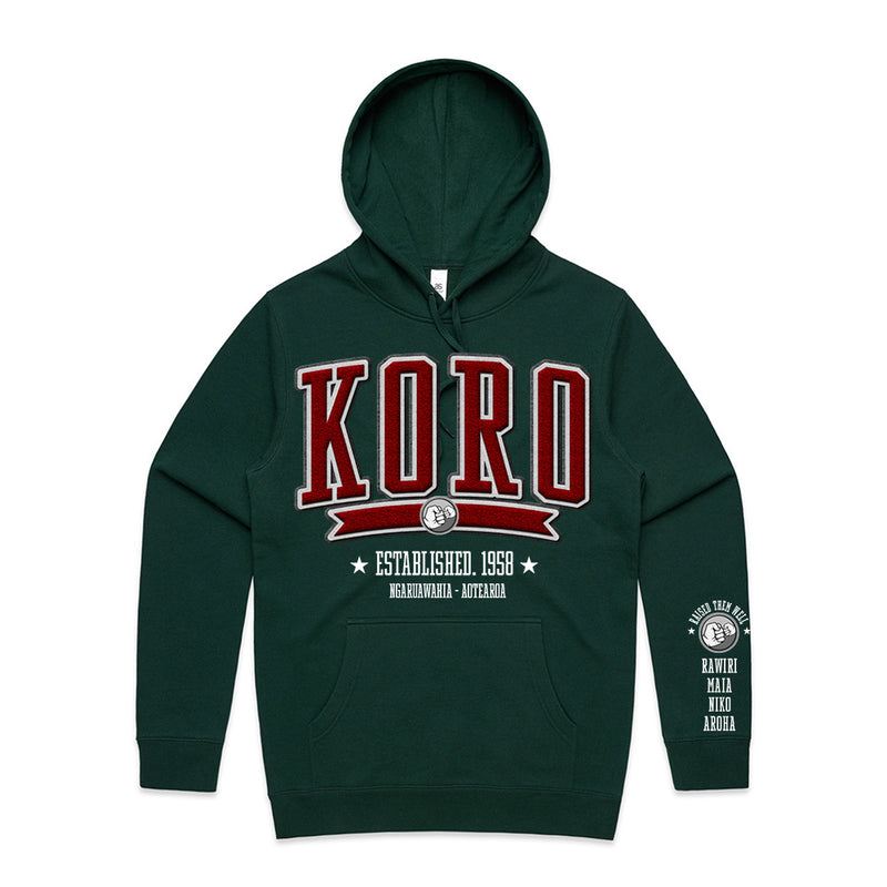 Custom Printed Hoodie for Koro - With Custom Date, City + names on sleeve - KORO COLLEGE RED STYLE