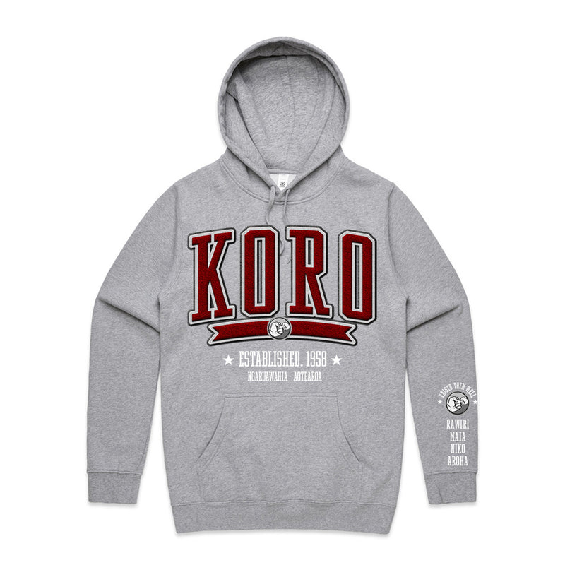 Custom Printed Hoodie for Koro - With Custom Date, City + names on sleeve - KORO COLLEGE RED STYLE