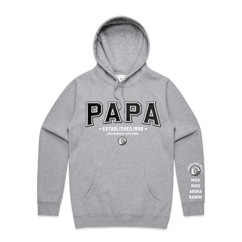 Custom Printed Hoodie for Dad - With Custom Date, City + names on sleeve - PAPA TEAM ARCH STYLE