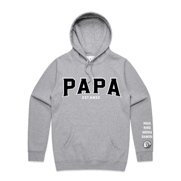 Custom Printed Hoodie for Dad - With Custom Date, City + names on sleeve - PAPA SIMPLE STYLE