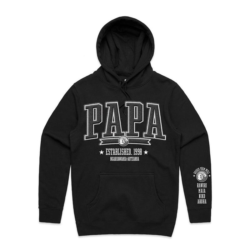 Custom Printed Hoodie for Dad - With Custom Date, City + names on sleeve - PAPA COLLEGE STYLE