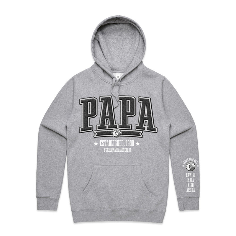 Custom Printed Hoodie for Dad - With Custom Date, City + names on sleeve - PAPA COLLEGE STYLE