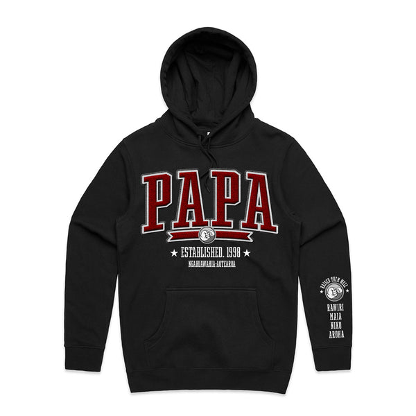 Custom Printed Hoodie for Dad - With Custom Date, City + names on sleeve - PAPA COLLEGE RED STYLE