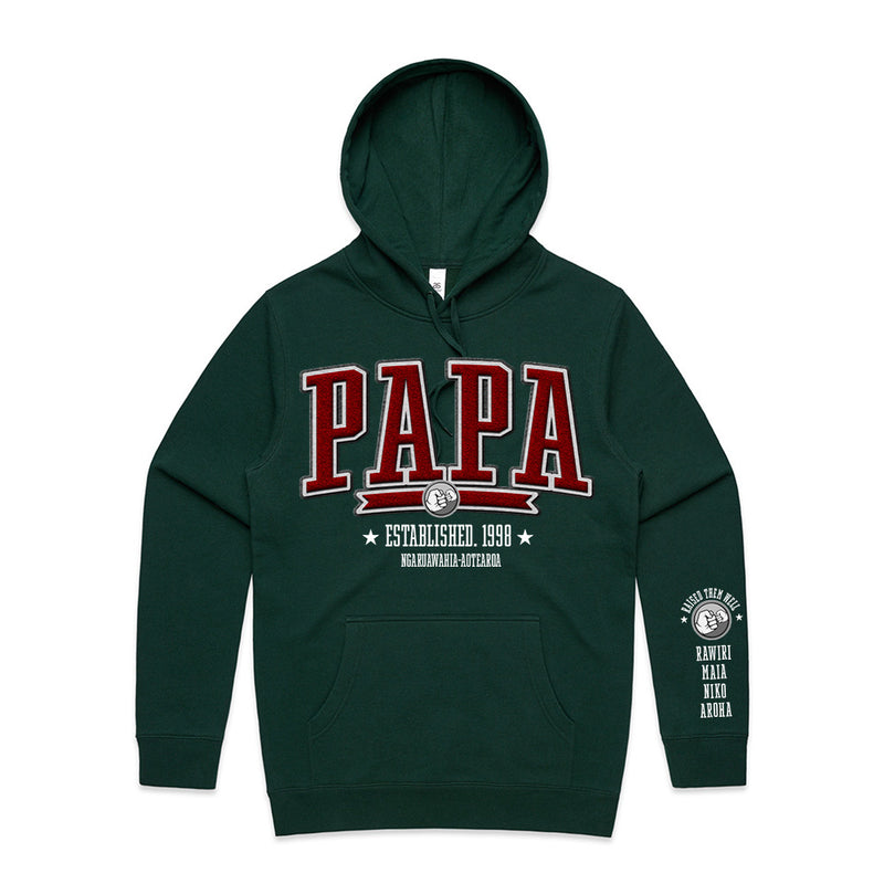 Custom Printed Hoodie for Dad - With Custom Date, City + names on sleeve - PAPA COLLEGE RED STYLE