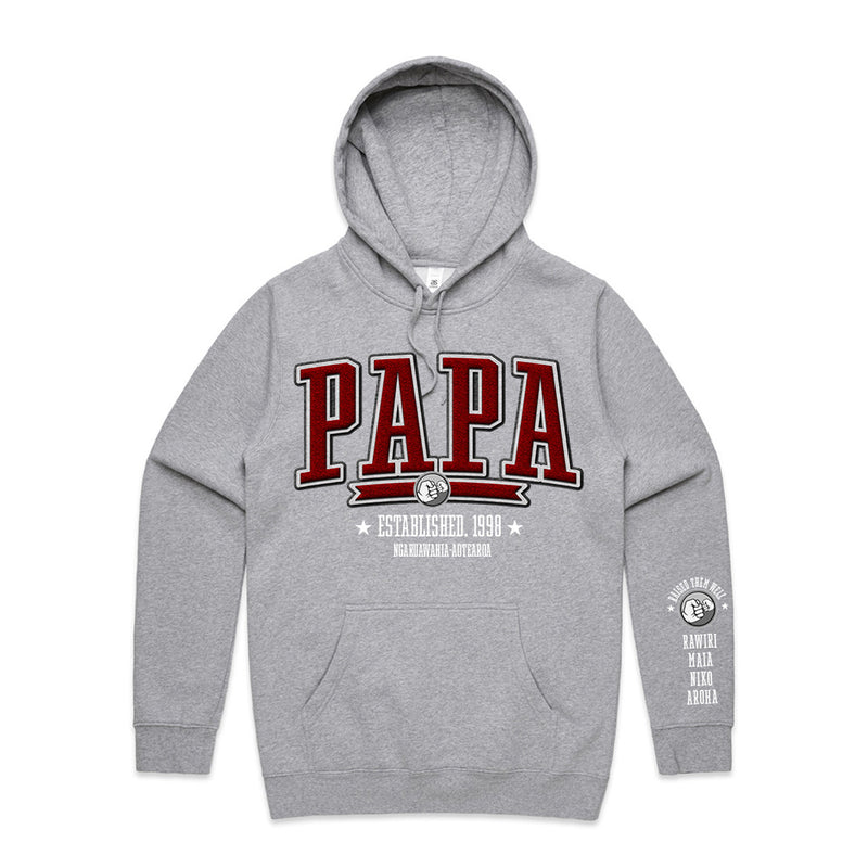 Custom Printed Hoodie for Dad - With Custom Date, City + names on sleeve - PAPA COLLEGE RED STYLE