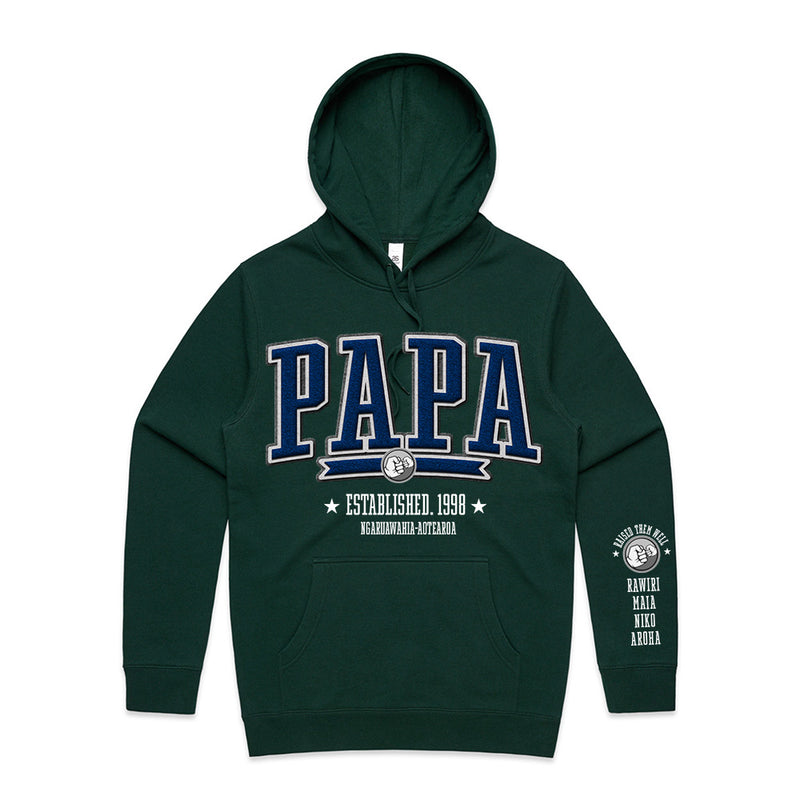 Custom Printed Hoodie for Dad - With Custom Date, City + names on sleeve - PAPA COLLEGE ROYAL STYLE