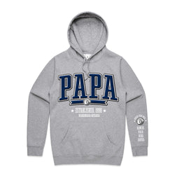 Custom Printed Hoodie for Dad - With Custom Date, City + names on sleeve - PAPA COLLEGE ROYAL STYLE