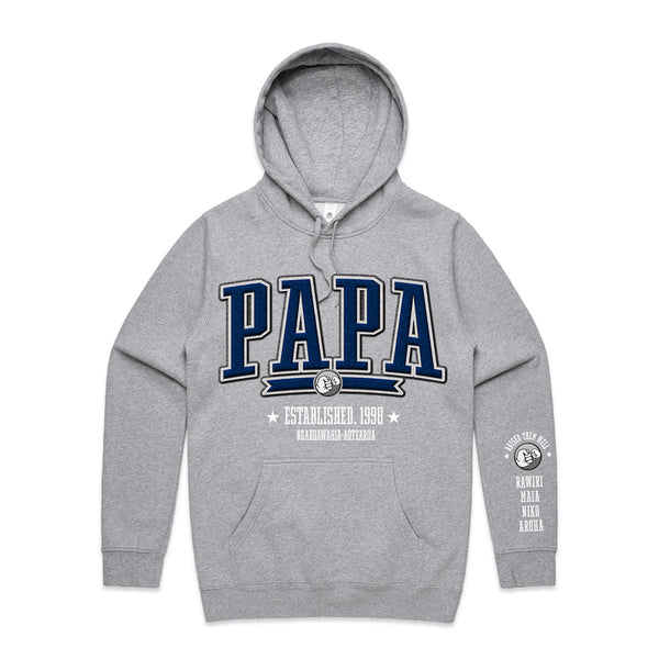 Custom Printed Hoodie for Dad - With Custom Date, City + names on sleeve - PAPA COLLEGE ROYAL STYLE