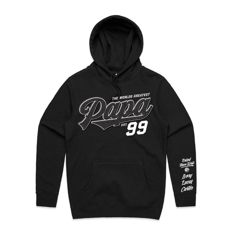 Custom Printed Hoodie for Dad - With Custom Date + names on sleeve - PAPA TEAM SCRIPT STYLE