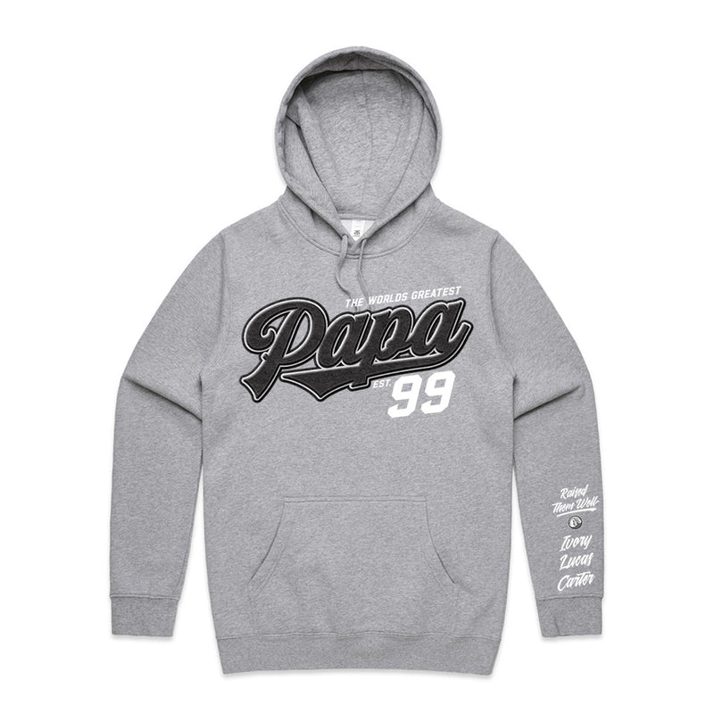 Custom Printed Hoodie for Dad - With Custom Date + names on sleeve - PAPA TEAM SCRIPT STYLE