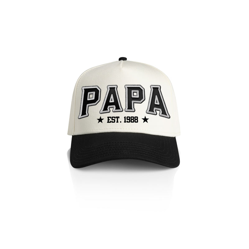 PAPA 3D APLIQUE STYLE_2TONE Printed Frame Cap with Custom Date + names on side panel
