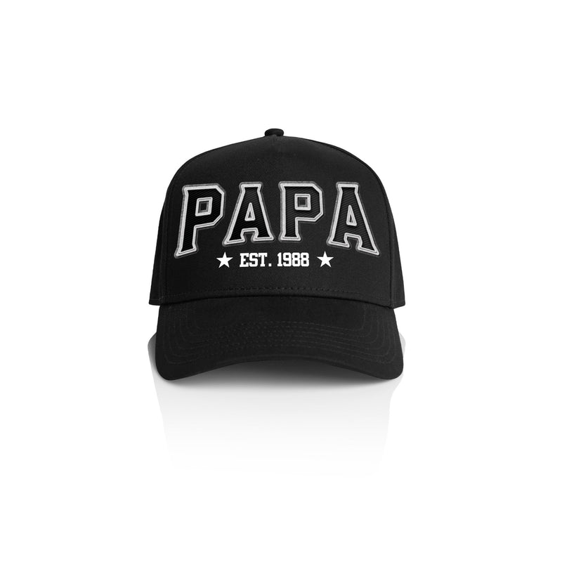 PAPA TEAM ARCH STYLE_ Printed Frame Cap with Custom Date + names on side panel